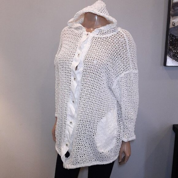 Vtg Addition Elle Fishnet Jacket Women Plus One Size White Hooded Buttoned Mesh - Picture 4 of 14